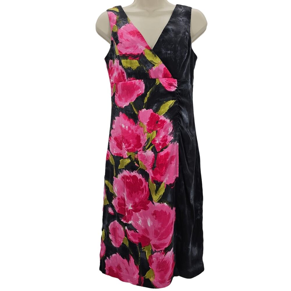 Donna Ricco Womans size 4 Stretch Silk Crossover Front Floral Sheath Dress Black